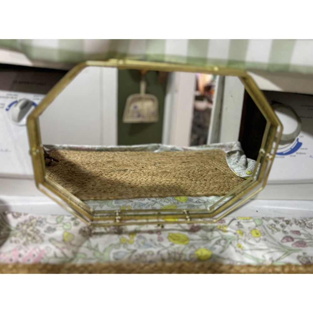 Vintage Gold Tone Octagon Mirrored Vanity Perfume Tray Hollywood Regency